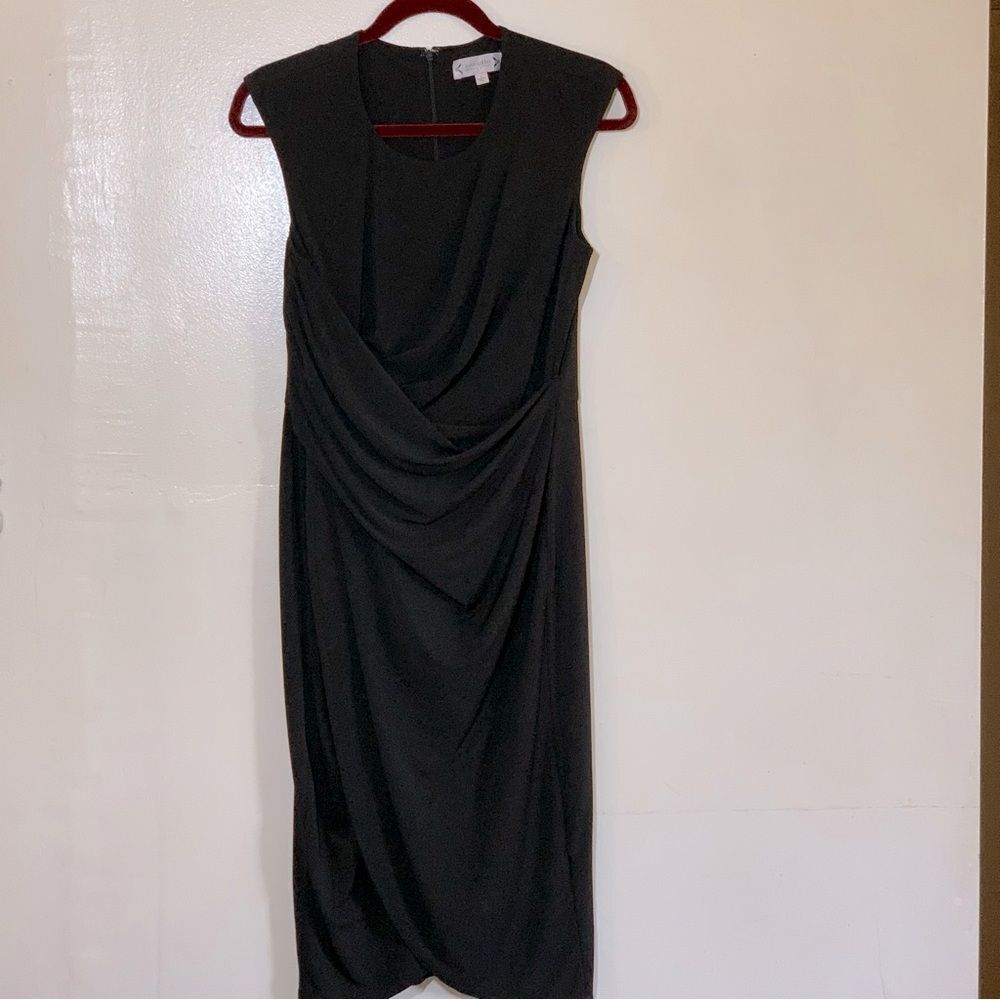 Nanette Lepore Dress Black Rouch Wrap Midi Sz 6 Gorgeous